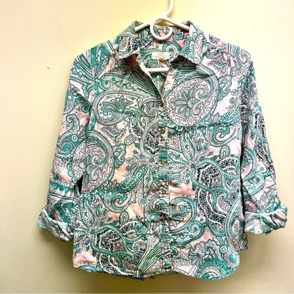 CHARTER CLUB linen luxury pink green paisley button down shirt womens size S